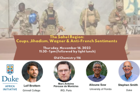 Flyer of the event which has title, day, date, time of the event. Speakers&amp;amp;amp;#39; headshots, names and affiliations, Africa Initiative logo and image of a few soldiers.